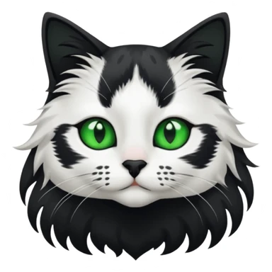 black and white long hair cat. green eyes. black nose. black splotch in the shape of a star near nose (on the right side). white chest. sticker
