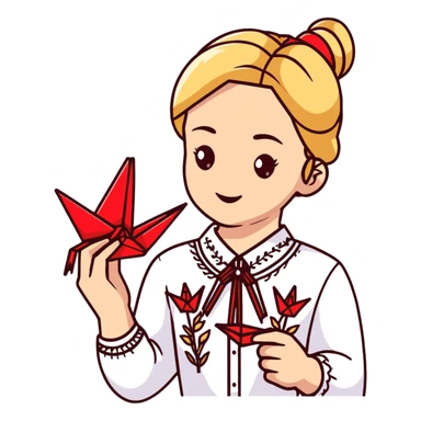 Ukrainian young girl with blonde braided hair wearing a white traditional embroidered shirt (vyshyvanka) holding a red origami paper crane in her hands sticker