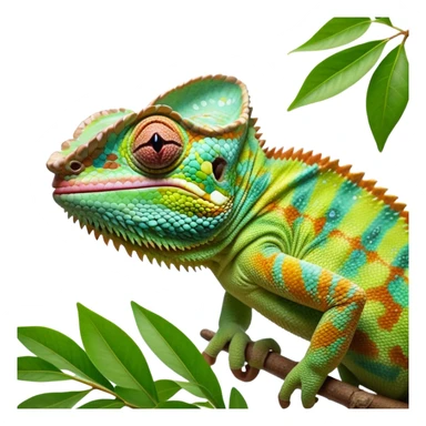 cinematic giant-tongue out chameleon-realistic emoji, mouth wide open with tongue out, -blending-with-vibrant-greenery.-detailed-scales-in-shifting-colors,-showing-the-chameleon’s-ability-to-camouflage.-soft-natural-light-highlights-its-texture.-light-background, zoomed into its face sticker