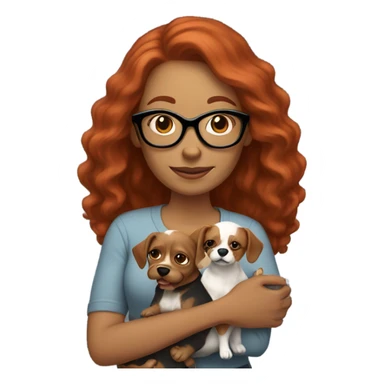 Mom with long red hair light skin wearing glasses holding to small dogs sticker