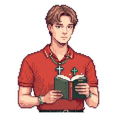 head-to-toe man with red polo shirt, cross necklace, tidy haircut, holding a book, simple background sticker