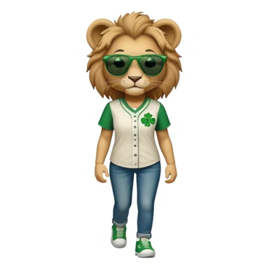 confident anthropomorphised female lion wearing baseball shirt and jeans with shamrock and green accents, dark sunglasses, walking upright, looking self-assured sticker