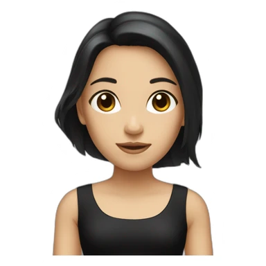 The girl has long and black hair, and her skin is white, wearing a matching black dress sticker