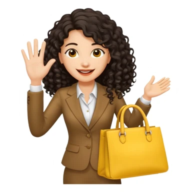 medium deep tan brown business woman with long black curly hair, waving hand with happy face with smile mouth and carrying yellow bag on her shoulder sticker
