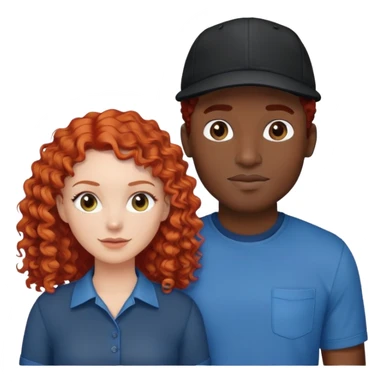 a couple a white woman with red curly hair and a black man in a blue shirt and black cap sticker