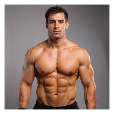 Realistic style image of a shirtless male bodybuilder, half body bulk (mass), half body cut (extreme definition), visible veins. Different expressions: serious, doubtful, satisfied. Neutral background. sticker