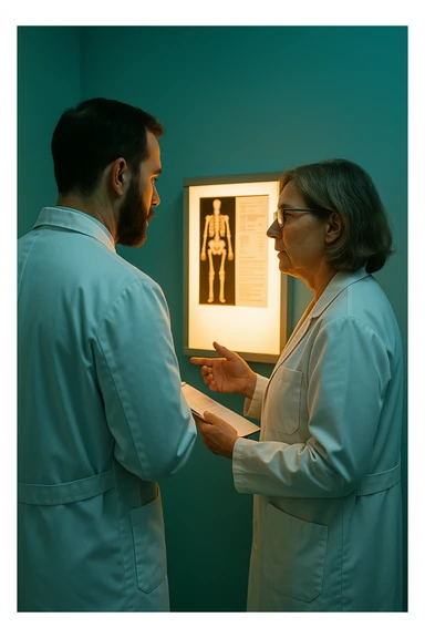 Realistic, detailed photo taken from behind of two doctors—a bearded man and a middle-aged woman—standing and facing each other as they discuss a diagnosis in front of a medical chart. The scene is illuminated by a yellowish, orange, warm light that softly envelops the doctors. The entire room is bathed in a single green-blue color, creating a cohesive and modern atmosphere. Both doctors wear white coats, and their body language suggests a serious, professional conversation. Shot with a Canon EOS R5, with high detail and natural depth of field. sticker