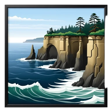 Cape Flattery dramatic cliffs with ocean waves and confluence of the Strait of Juan de Fuca and the Pacific Ocean, simple and iconic, Apple emoji style, no text sticker