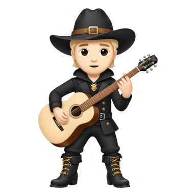 Short, almost dwarfish man dressed in black with big boots and a huge hat with a guitar sticker