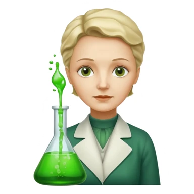 Marie Curie with experimental bottle sticker