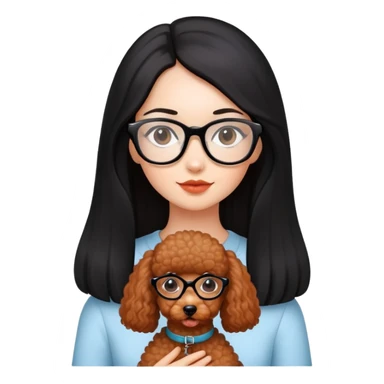 A beautiful girl with fair skin has long straight black hair with glasses and a miniature reddish-brown Poodle. sticker