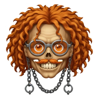 steam-punk Megadeth - iconic skull with rusty glasses and chains on his teeth, orange curly huge hair sticker