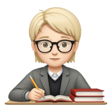 Student with glasses studying at desk with books and laptop sticker