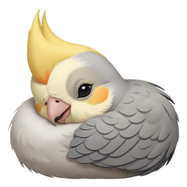 Meme-Worthy Cute Sleeping Cockatiel Portrait Emoji, Head resting peacefully with a contented smile, showcasing a delicate, slender build and a luxuriously soft grey fur with gentle yellow accents, eyes shut in a serene nap, Simplified yet hilariously adorable features, highly detailed, glowing with a soft, drowsy light, high shine, relaxed and utterly lovable, stylized with an air of playful laziness, bright and heartwarming, soft glowing outline, capturing the essence of a comically sleepy cockatiel, so meme-worthy it feels like it could instantly become the next viral sensation of adorable slumber! sticker