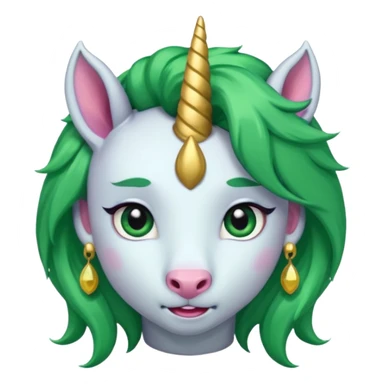 unicorn with green hair and big earrings looking into camera sticker