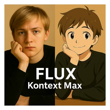 same similar image but chnage the text to "Flux Kontext Max", change people and pose too sticker
