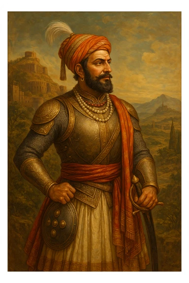 Shivaji Maharaj, iconic Indian warrior king, traditional Maratha attire, regal pose, historical details sticker