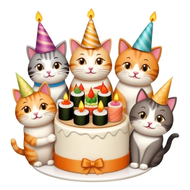 six happy cats wearing party hats celebrating a birthday party around a large cake made entirely of sushi with a candle on top sticker