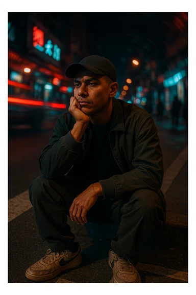 A cinematic night photo of a Southeast Asian man in his early 30s, with a medium tan (sawo matang) skin tone, sitting on the edge of a city sidewalk at night. He is wearing casual streetwear: a dark bomber jacket over a plain oversized T-shirt, loose-fit cargo pants, and worn-in sneakers. A black baseball cap is worn forward, slightly tilted. He sits with one knee up, resting one arm casually across it while the other hand props up his head — his chin resting on his knuckles, as he stares blankly toward the street ahead, deep in thought or zoning out.
The urban background is chaotic and colorful — glowing neon signs, streaks of red and blue light from passing cars, blurred silhouettes of pedestrians. A spiral or radial motion blur effect surrounds the background, emphasizing the stillness of the subject amidst the fast-moving city life.
Cinematic lighting highlights his face softly, with a warm glow on his skin while the surroundings remain moody and dark. The scene has a raw, introspective feel — like a frame from a neo-noir urban film. The ground beneath him is gritty and textured, the crosswalk lines and asphalt adding realism to the scene. sticker