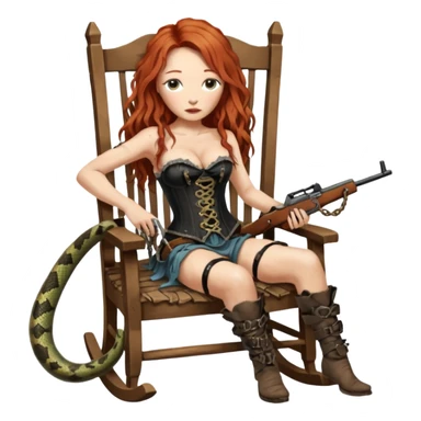 cinematic realistic ultra HD very old and tired Tori Amos casually crouches on a rocking chair in a torn corset, holding a double-barreled rifle and with muddy barefoot - a big snake wrapped itself around the chair sticker