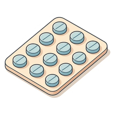 blister pack with round pills, 2D isometric style, soft rounded shapes, clean contours, pastel palette, detailed shadows and highlights, modern illustration sticker