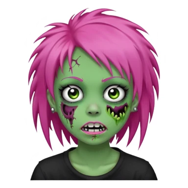 girl, green zombie, pink coily hair, medium long, emo, shaggy, dark, spooky, piercing on eyebrow, colourful teeth, creepy blank expression sticker