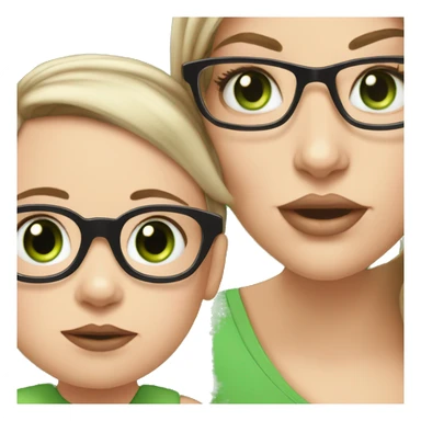 White girl with Black not that long straight hair, with green eyes and glasses, big lips is holding her white, one year old green eyes baby son sticker