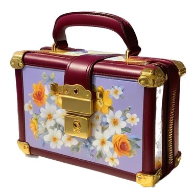 Dolce and Gabbana small burgundy box bag with colourful light lavender blue white yellow orange summer print and golden detais   sticker