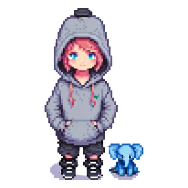 pixel art child with hoodie, elephant in hoodie, black shoes, top hat, blue eyes sticker