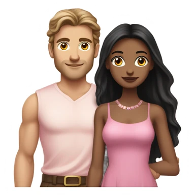 A handsome pale Greek god man who has long brown hair and tanned skin with a pretty black skinny tall model woman who has long black hair and she is wearing a pink dress and they are a couple sticker