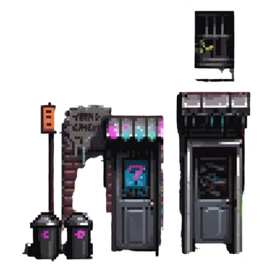 Pixel art background in side-scrolling view, inspired by classic Sega fighting games. Dark urban street in front of an old brick building, with graffiti, broken windows, metal door, trash cans, flickering neon sign, and a streetlamp. Gritty atmosphere, nighttime, subtle rain puddles on the ground. sticker