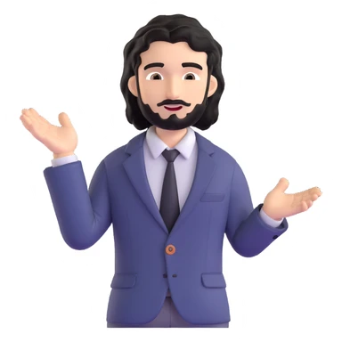 Business strategist with black wavy hair, stubble, chiseled face, wearing blazer and button-up shirt, leading a dynamic leadership workshop, engaging with a circle of participants, energetic teaching pose sticker