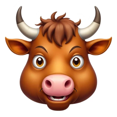 Cinematic Comical Domestic Ox Portrait Emoji, Head tilted dramatically with an exaggeratedly amused expression, featuring a striking, glossy hide with boldly curved horns and wide, expressive eyes brimming with playful disbelief, Simplified yet hilariously expressive features, highly detailed, glowing with a slightly sassy earthy glow, high shine, dramatic yet playful, stylized with an air of cheeky rural mischief, soft glowing outline, capturing the essence of a spirited and over-the-top ox that looks ready to charge its way into internet fame instantly! sticker