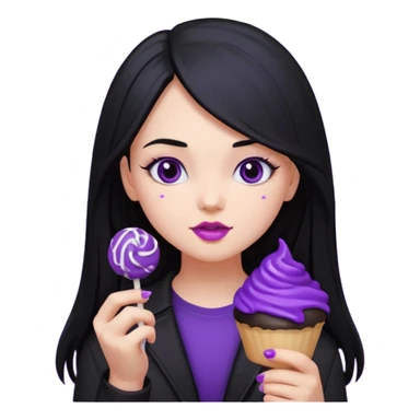 girl with long black hair, black clother with eating disorder purple sweet food sticker