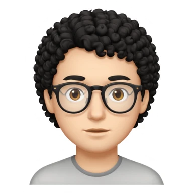 A white boy with black curly hair with classes brown eye sticker