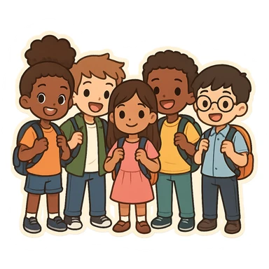 group of 5 diverse school students standing together smiling wearing backpacks cartoon style sticker