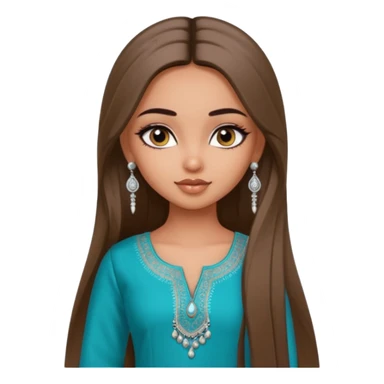 generate a pretty bratz girl wearing a kurti, eyeliner on, long straight hair, silver jhumkas in ear sticker