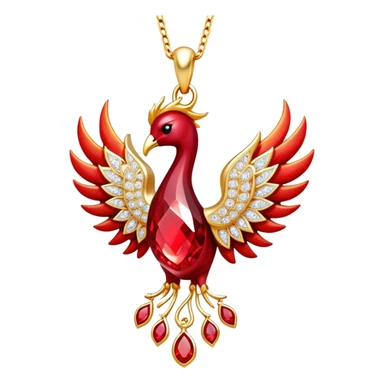 ruby pendant pulsing with fiery light, tiny phoenix emerging inside, haloed by shimmering white stones sticker