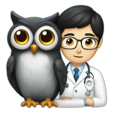 scientist-with-black-hair-hugging-an-owl-in-hospital sticker