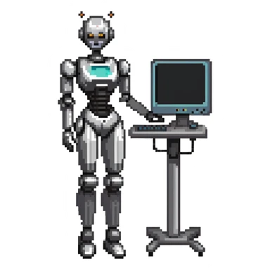 Curvy female robot with computer monitor head, stylish outfit sticker