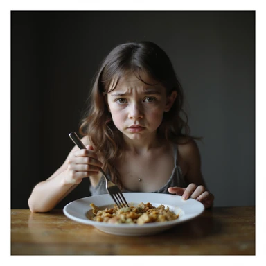 hyperrealistic 4K image of a very thin young woman with a tired and stressed face, prominent dark circles under eyes, sitting at a table with an almost empty plate, pushing food with a fork without eating, natural light, atmosphere of stress and discomfort, detailed sticker