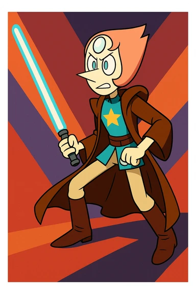 Pearl from Steven Universe in Jedi attire, ready for battle, Star Wars crossover, vibrant colors sticker