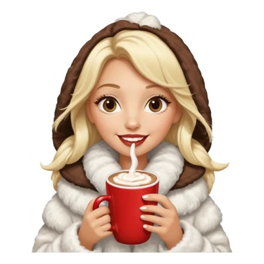 Tanned Girl with lashes , blonde hair, in an extremely big fluffy oversized coat and hold hot chocolate drink and half moon eyes , big lip sticker