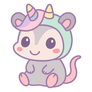cute cartoon possum dressed up like a unicorn, kawaii style sticker
