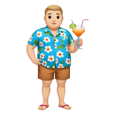 chubby guy full figure in a flowered azure havai shirt, brown shorts and flippers holding a cocktail sticker