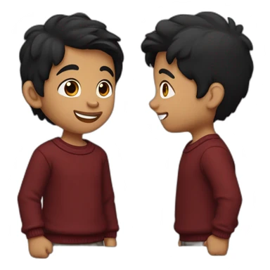 light skin smiling indian kid with black hair wearing a dark red sweater pointing sticker