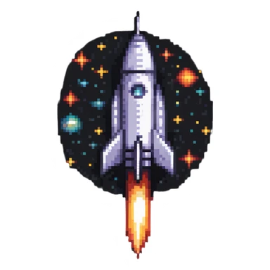 A retro pixel art style space rocket with bright colors and stars around it sticker