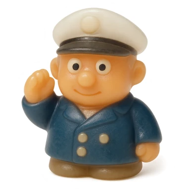 Make the boat captain much more transparent and match the exact retro 90's toy style of the previous ocean animal emojis. Use natural colors (tan skin, white captain's hat, navy jacket), derpy eyes, no tag, no background. Soft plastic, soft reflections, soft and squishy, some cloudiness, not shiny, highly detailed, appealing. The style should resemble retro 90's soft plastic toy style with soft reflections and cloudiness, not shiny. sticker