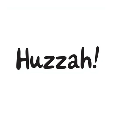 blue text with the word 'Huzzah!' in hand drawn doodle style sticker