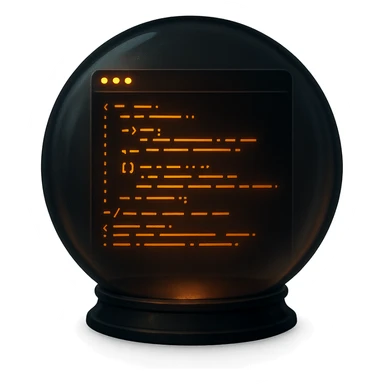 crystal ball showing a dark computer terminal with glowing orange code inside, hacker vibe, glowing effect, digital and secretive look sticker